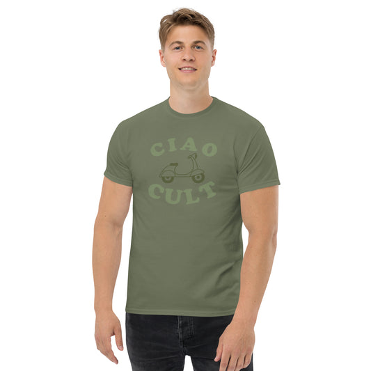 Olive green unisex t-shirt with faded "CIAO CULT" text and vintage scooter graphic on front. - Ciao Cult - S