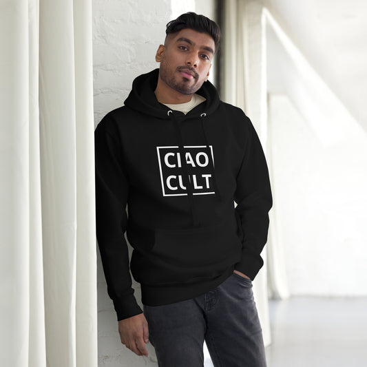 Black unisex hoodie with white Ciao Cult logo centered on front, soft fleece fabric, drawstring hood. - Ciao Cult - S