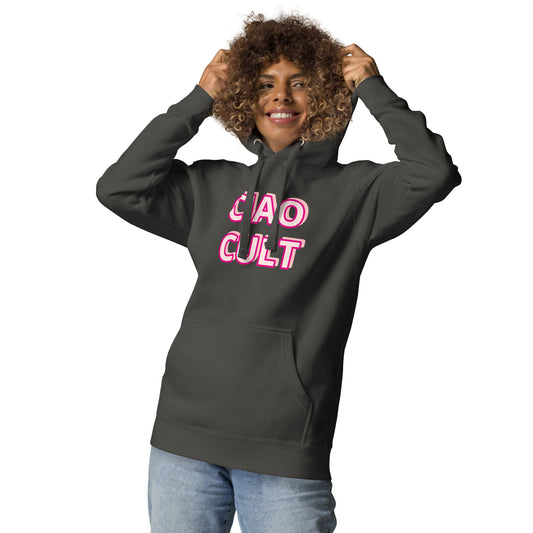Black unisex hoodie with bold pink and white "CIAO CULT" retro graphic on front, soft fleece fabric. - Ciao Cult - Black / S