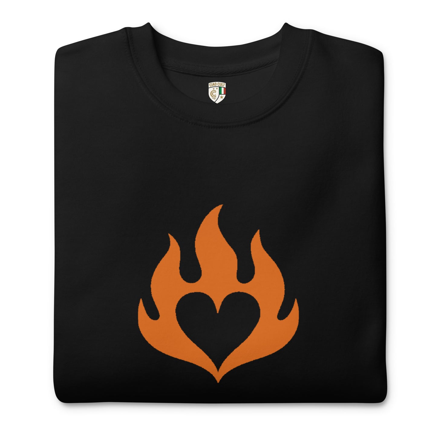 Black fleece crewneck sweatshirt with orange flame heart graphic on front. - Ciao Cult - Black / S