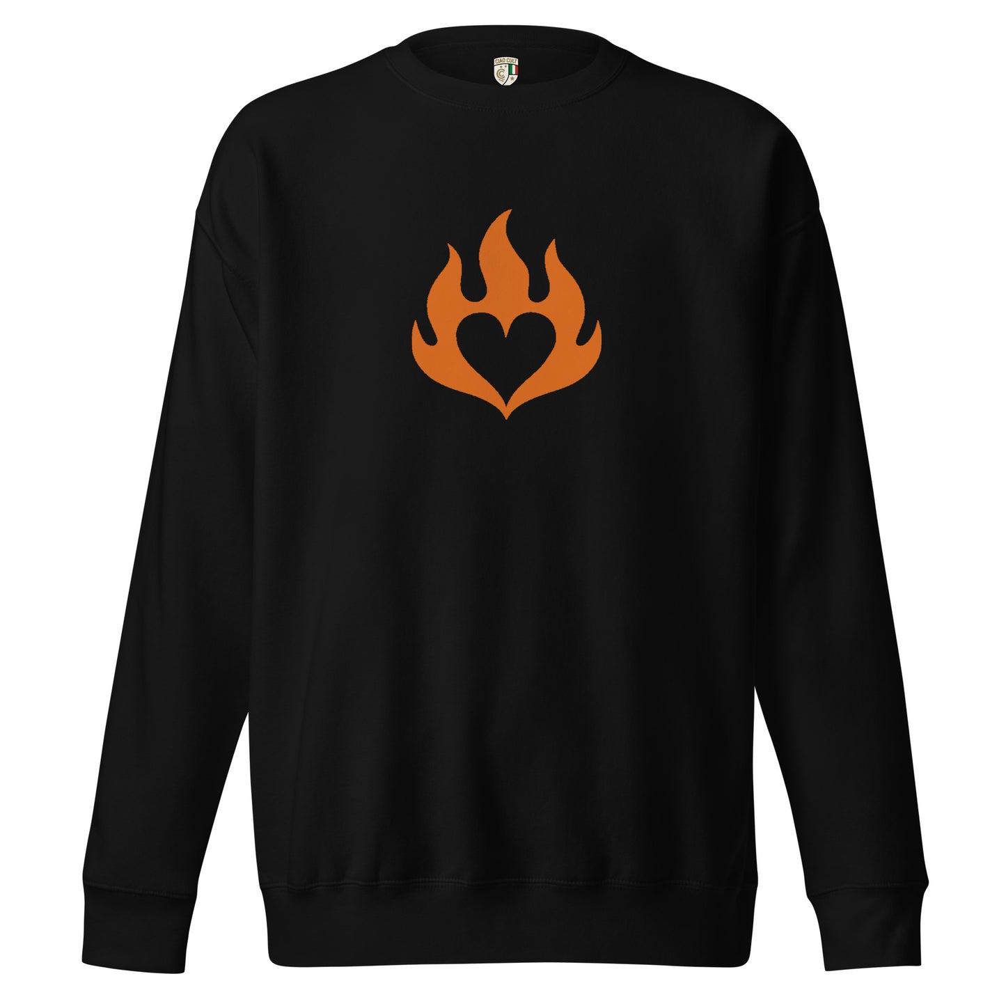Black unisex fleece crewneck sweatshirt with orange flame heart graphic on chest. - Ciao Cult - Black / S