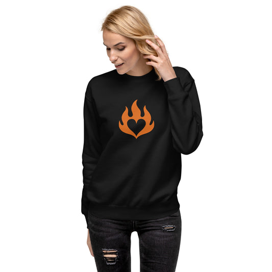 Black unisex crewneck sweatshirt with orange flame heart graphic on front, soft fleece material. - Ciao Cult - Black / S