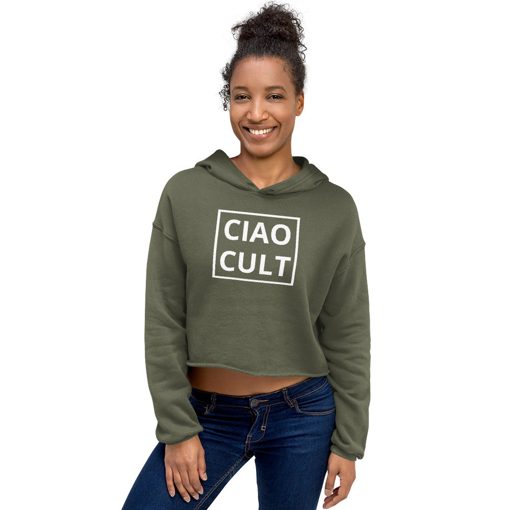 Women's military green cropped hoodie with white CIAO CULT logo and raw hem, soft fleece material. - Ciao Cult - Black / S