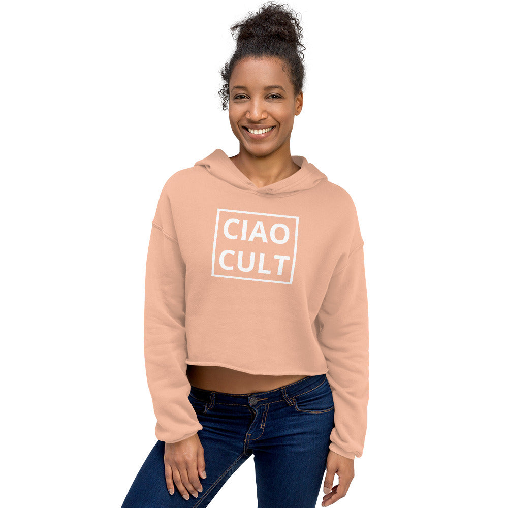 Peach cropped hoodie with white CIAO CULT print, raw hem, soft fleece fabric, women's streetwear style. - Ciao Cult - Black / S