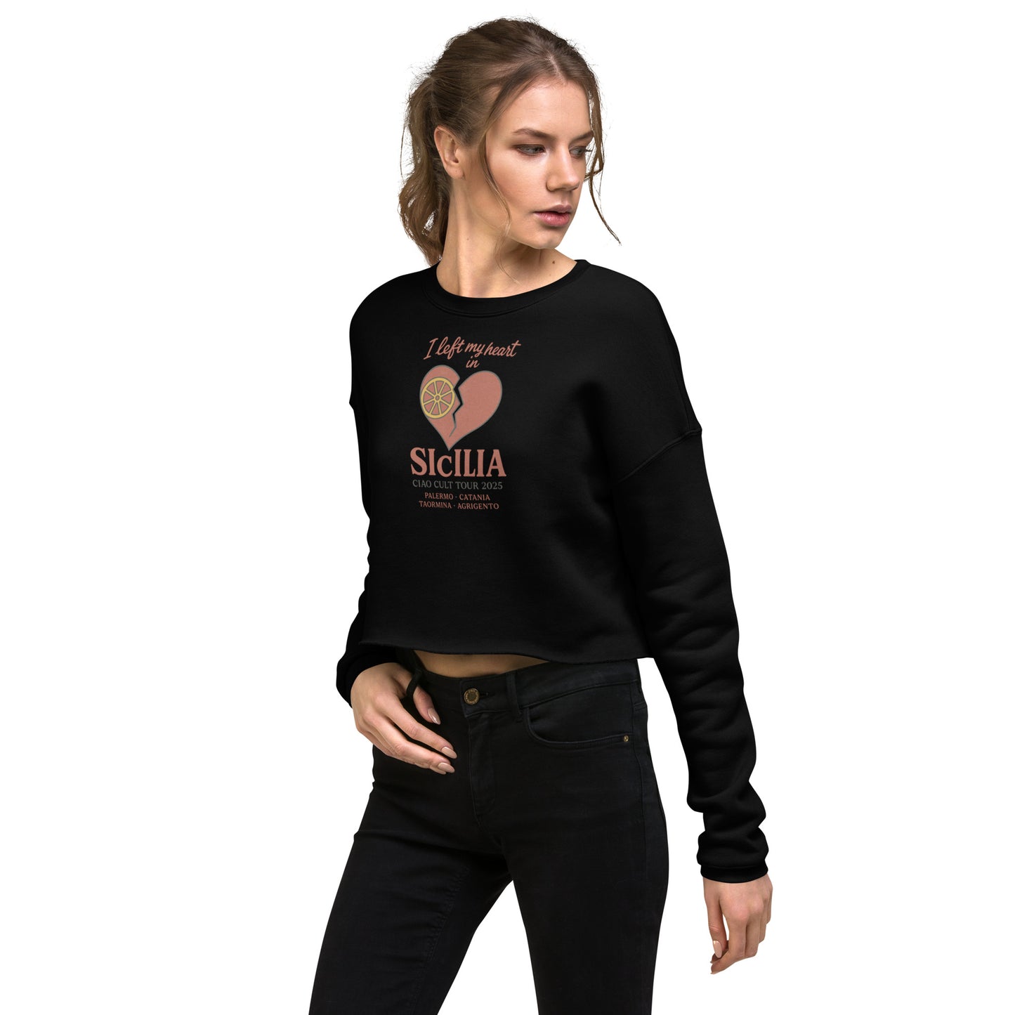 Black cropped sweatshirt with raw hem, Sicilia graphic and "I Left My Heart" text in soft fleece. - Ciao Cult - Black / S
