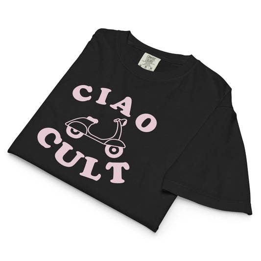Black heavyweight boxy t-shirt with pink "CIAO CULT" text and a Vespa scooter graphic on front. - Ciao Cult - S