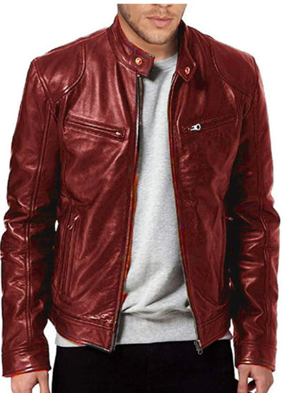 Men's Zip Up Leather Biker Jacket in KHAKI (Size XS)