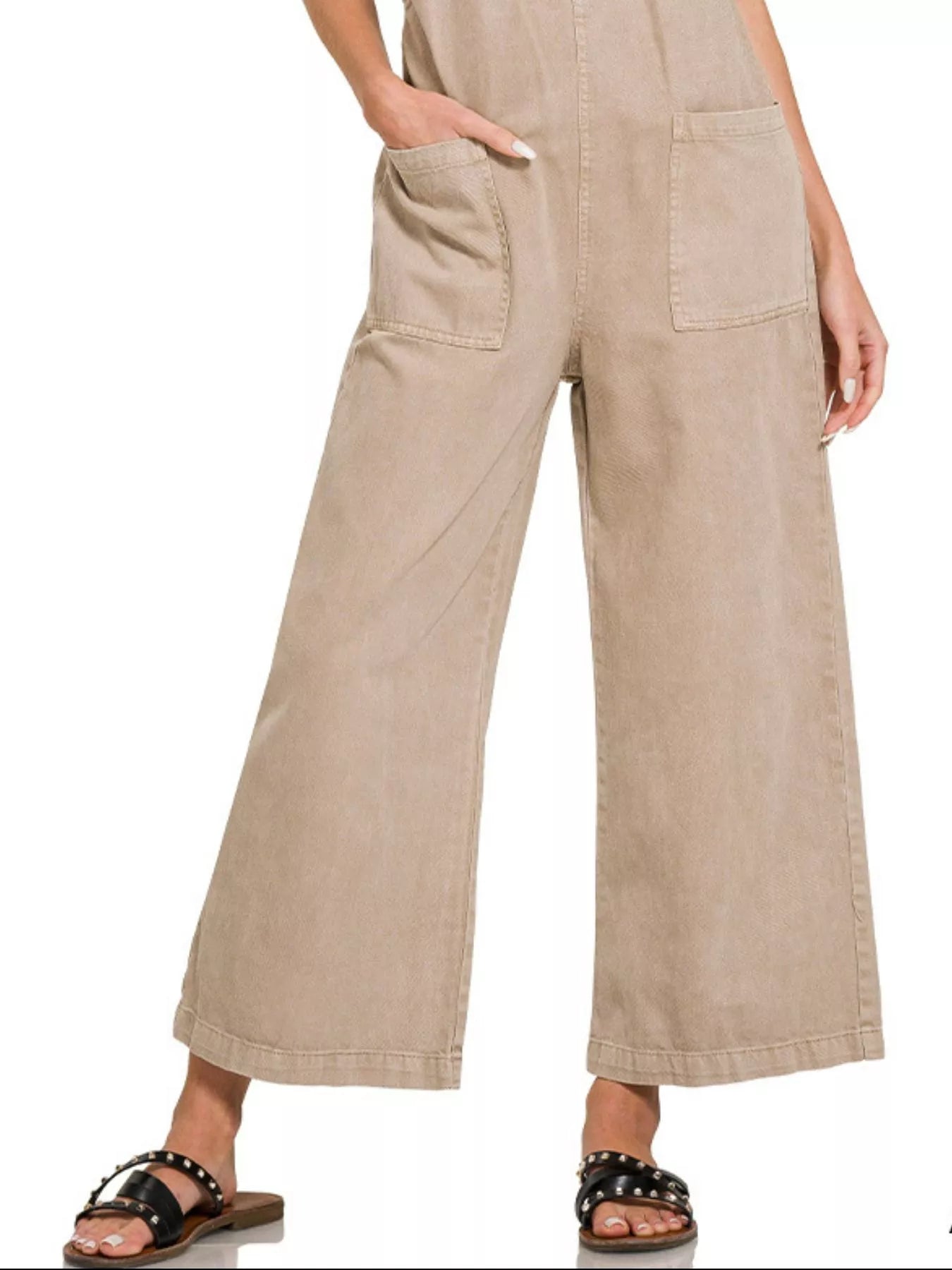 Zenana Washed Knot Strap Pockets Jumpsuit in ASH MOCHA (Size L)