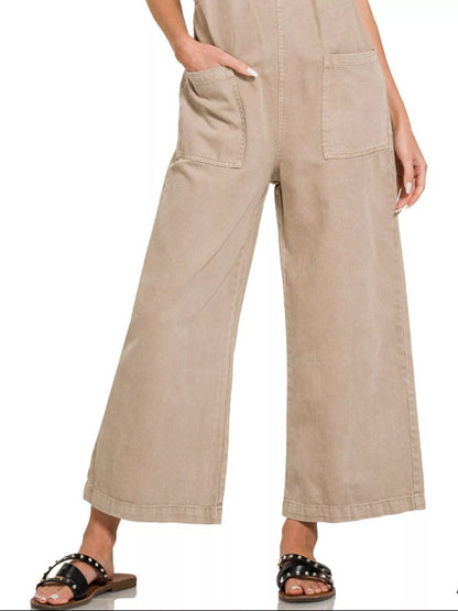 Zenana Washed Knot Strap Pockets Jumpsuit in ASH MOCHA (Size L)