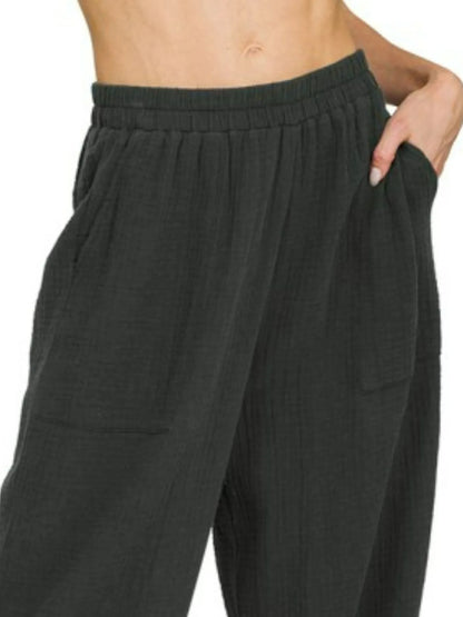 Zenana Double Gauze Elastic Band Pants in BLACK (Size M)