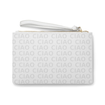 White vegan leather clutch with subtle "CIAO" text pattern and wrist strap. - Ciao Cult - One size