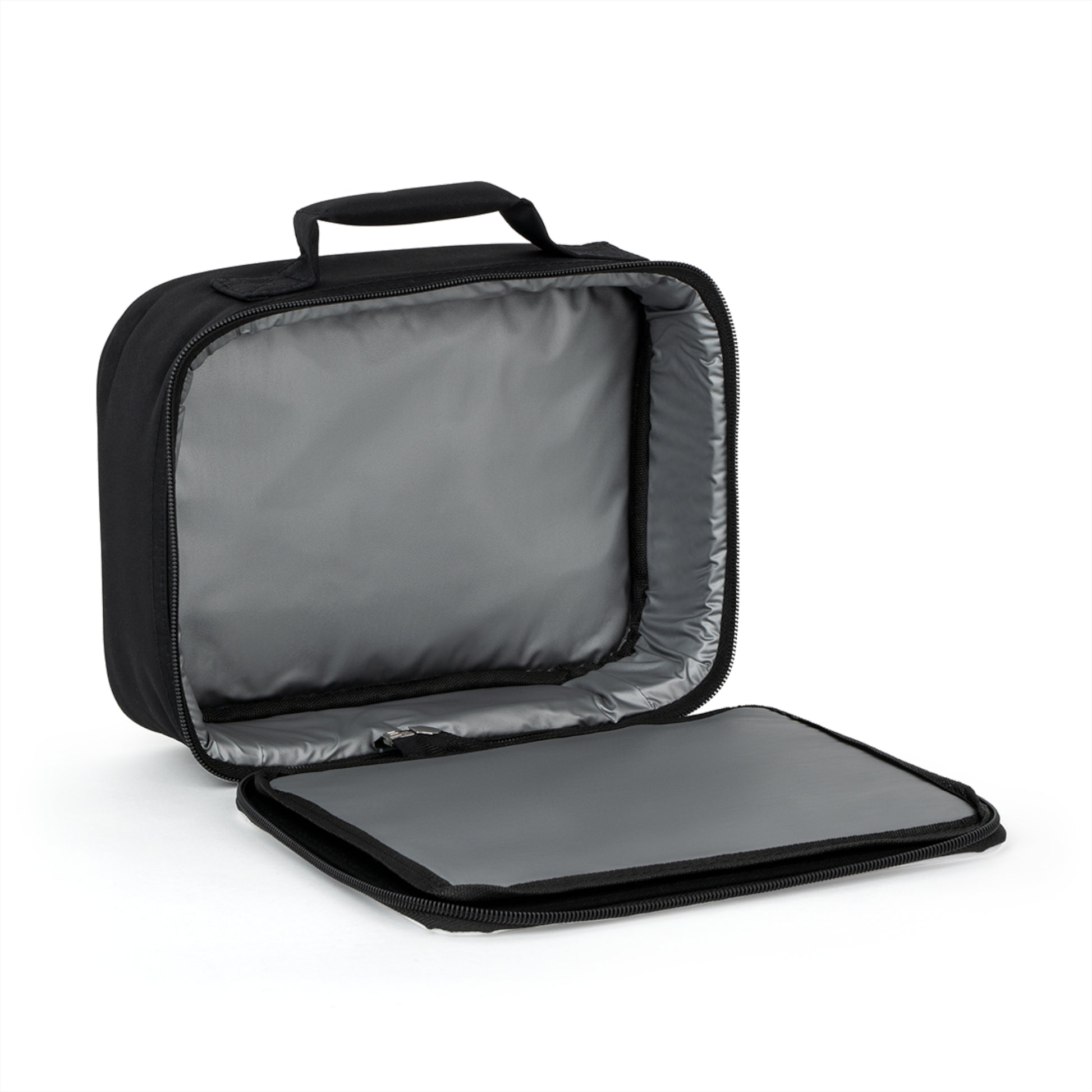 Black insulated lunch bag with silver lining and zippered lid, featuring a top handle. - Ciao Cult - One size / Black