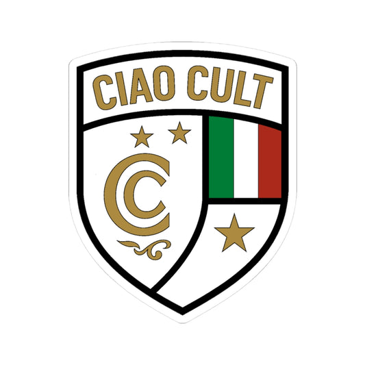 Glossy white vinyl sticker with Ciao Cult crest, gold lettering, stars, and Italian flag design. - Ciao Cult - 3" × 3" / White