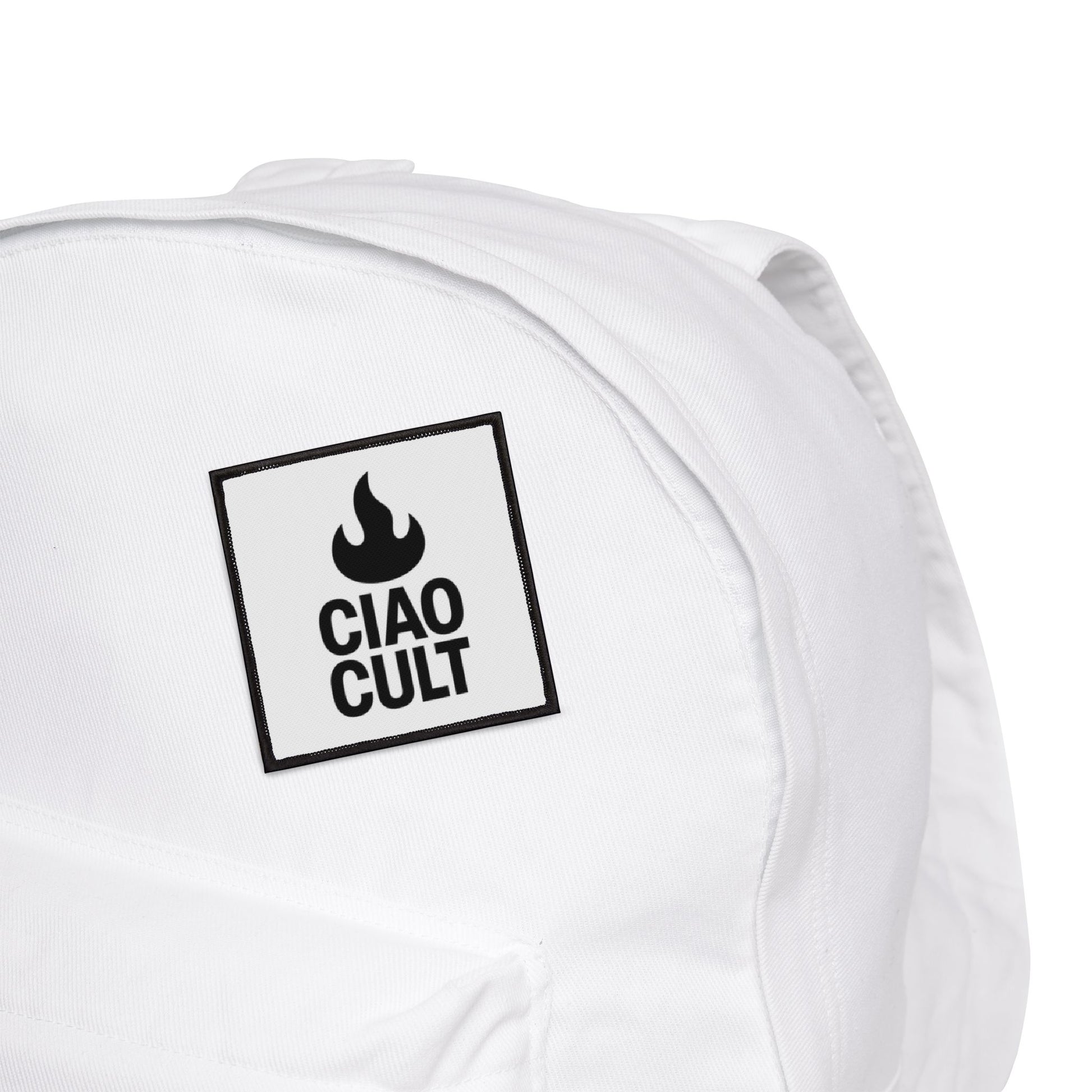 Black flame and "CIAO CULT" embroidered patch on white square background attached to white backpack. - Ciao Cult - 3" × 3" (Square)