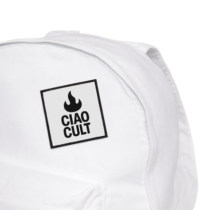 Black flame and "CIAO CULT" embroidered patch on white square background attached to white backpack. - Ciao Cult - 3" × 3" (Square)