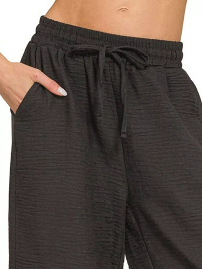 Zenana Woven Crepe Elastic Band Pants in BLACK (Size L)