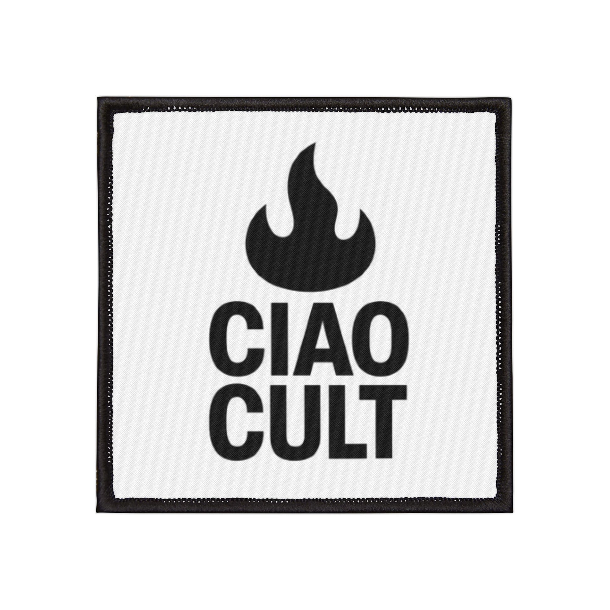 Black flame above bold "CIAO CULT" text embroidered on white square patch with black border. - Ciao Cult - 3" × 3" (Square)