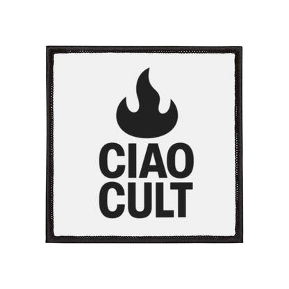 Black flame above bold "CIAO CULT" text embroidered on white square patch with black border. - Ciao Cult - 3" × 3" (Square)
