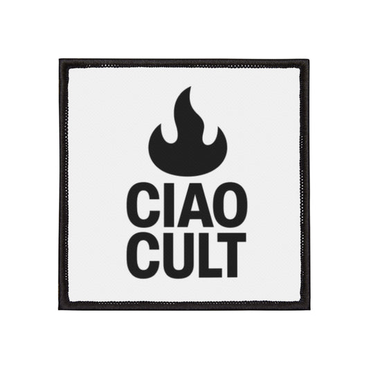 Black flame above bold "CIAO CULT" text embroidered on white square patch with black border. - Ciao Cult - 3" × 3" (Square)