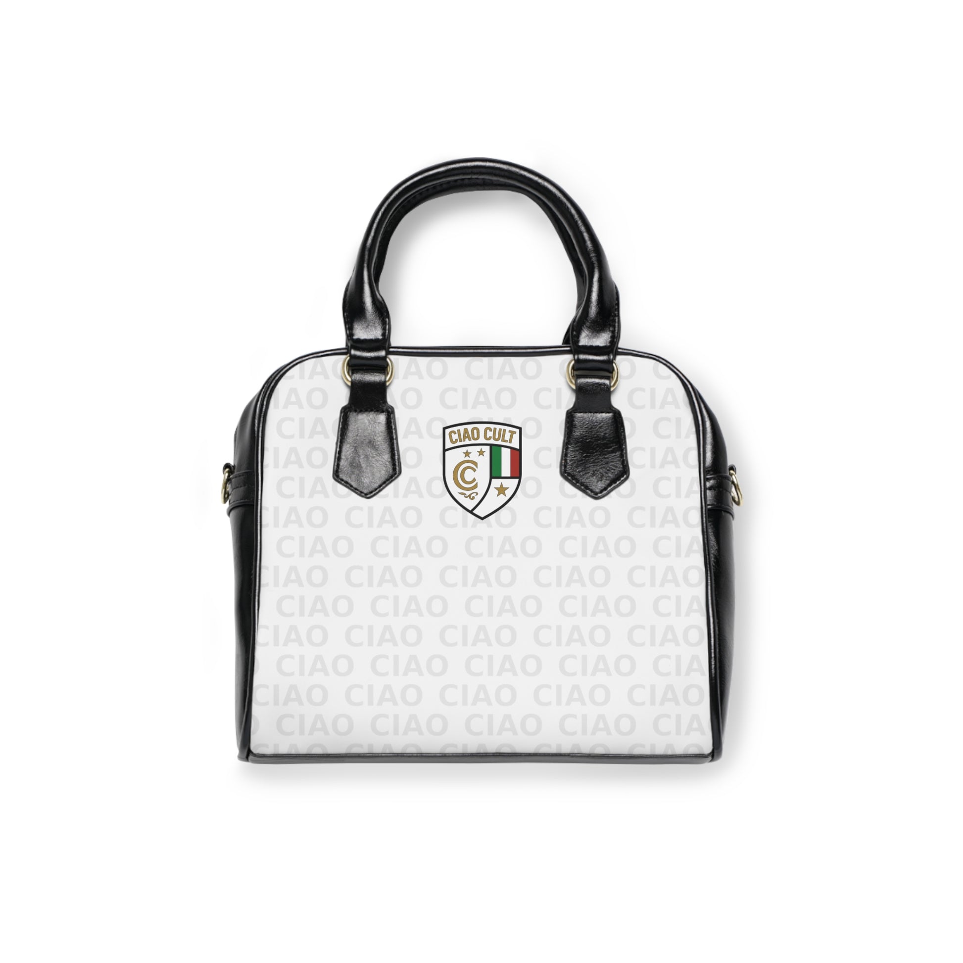Black and white compact shoulder bag with repeating "CIAO" text pattern and colorful crest logo on front. - Ciao Cult - 9.45" x 8.27" / Black