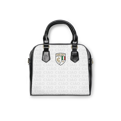 Black and white compact shoulder bag with repeating "CIAO" text pattern and colorful crest logo on front. - Ciao Cult - 9.45" x 8.27" / Black