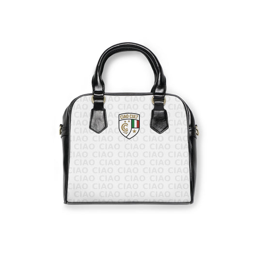 Black and white compact shoulder bag with repeating "CIAO" text pattern and colorful crest logo on front. - Ciao Cult - 9.45" x 8.27" / Black