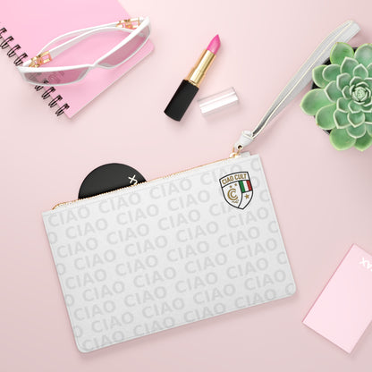 Light gray vegan leather clutch with repeated "CIAO" print and a colorful crest patch on the top right corner. - Ciao Cult - One size