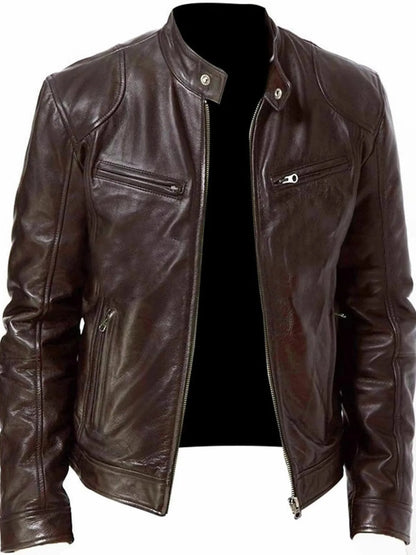 Men's Zip Up Leather Biker Jacket in KHAKI (Size M)