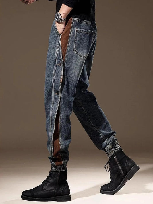 Men's Full Size Contrast Denim Joggers Plus Size in BLUE (Size S)