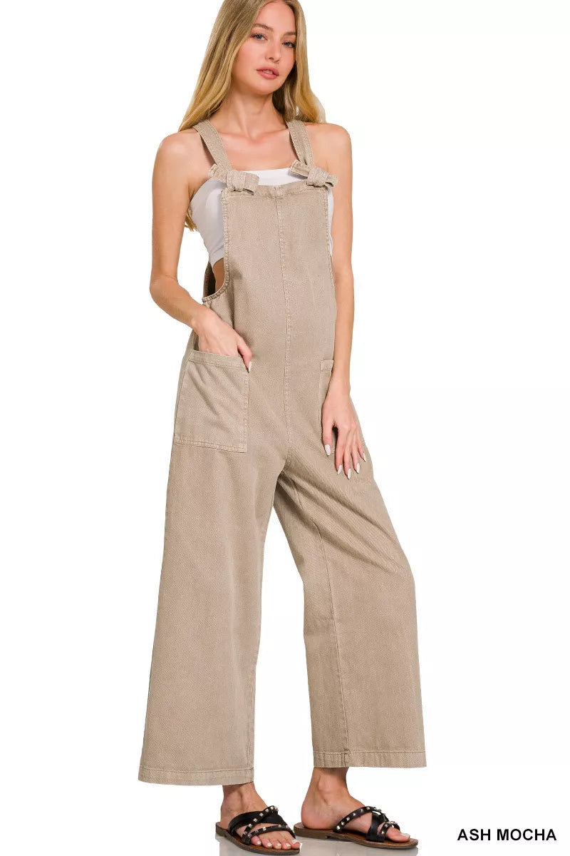 Zenana Washed Knot Strap Pockets Jumpsuit in ASH MOCHA (Size M)