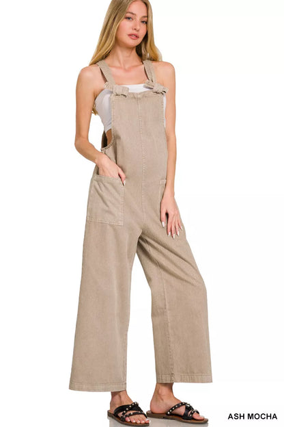 Zenana Washed Knot Strap Pockets Jumpsuit in ASH MOCHA (Size M)