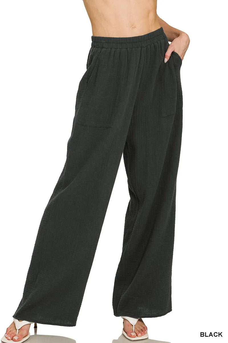 Zenana Double Gauze Elastic Band Pants in BLACK (Size S)