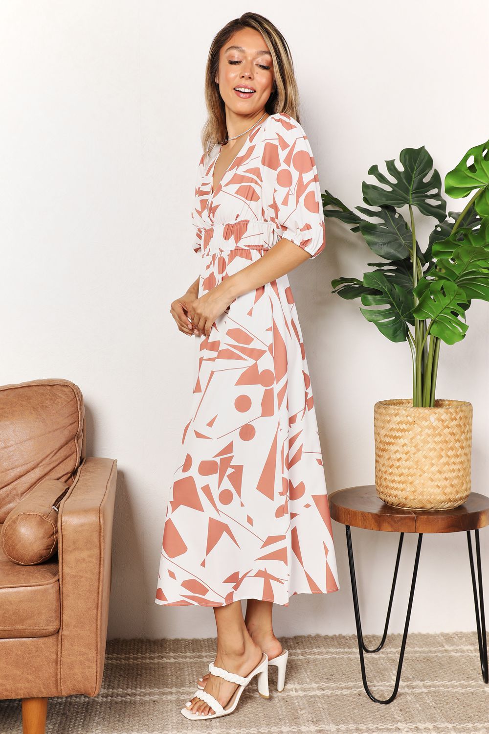 Printed Surplice Balloon Sleeve Dress in CAMEL (Size M)
