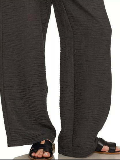 Zenana Woven Crepe Elastic Band Pants in BLACK (Size M)