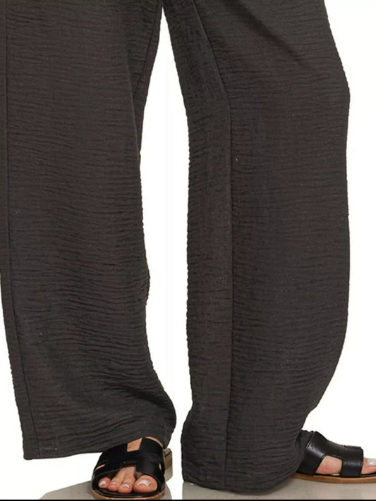 Zenana Woven Crepe Elastic Band Pants in BLACK (Size M)