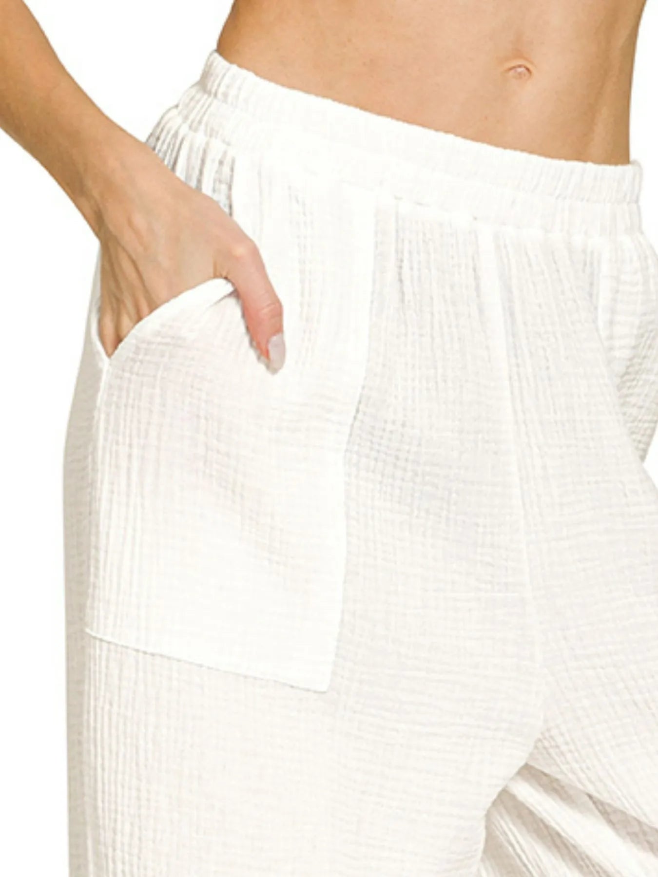 Zenana Double Gauze Elastic Band Pants in OFF WHITE (Size L)
