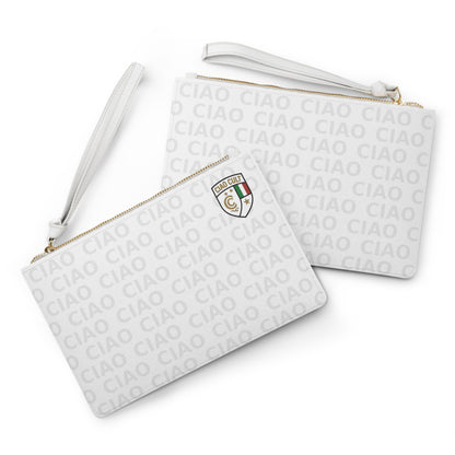 White vegan leather clutch bag with embossed repeated "CIAO" text and small multicolor crest emblem, wrist strap attached. - Ciao Cult - One size