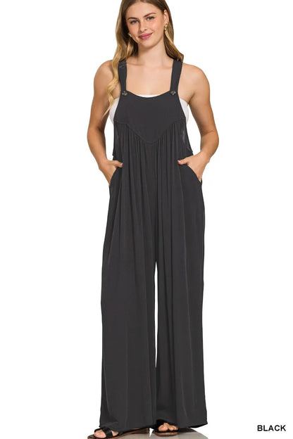 Zenana Woven Rayon Crepe Wide Leg Overalls in BLACK (Size S)