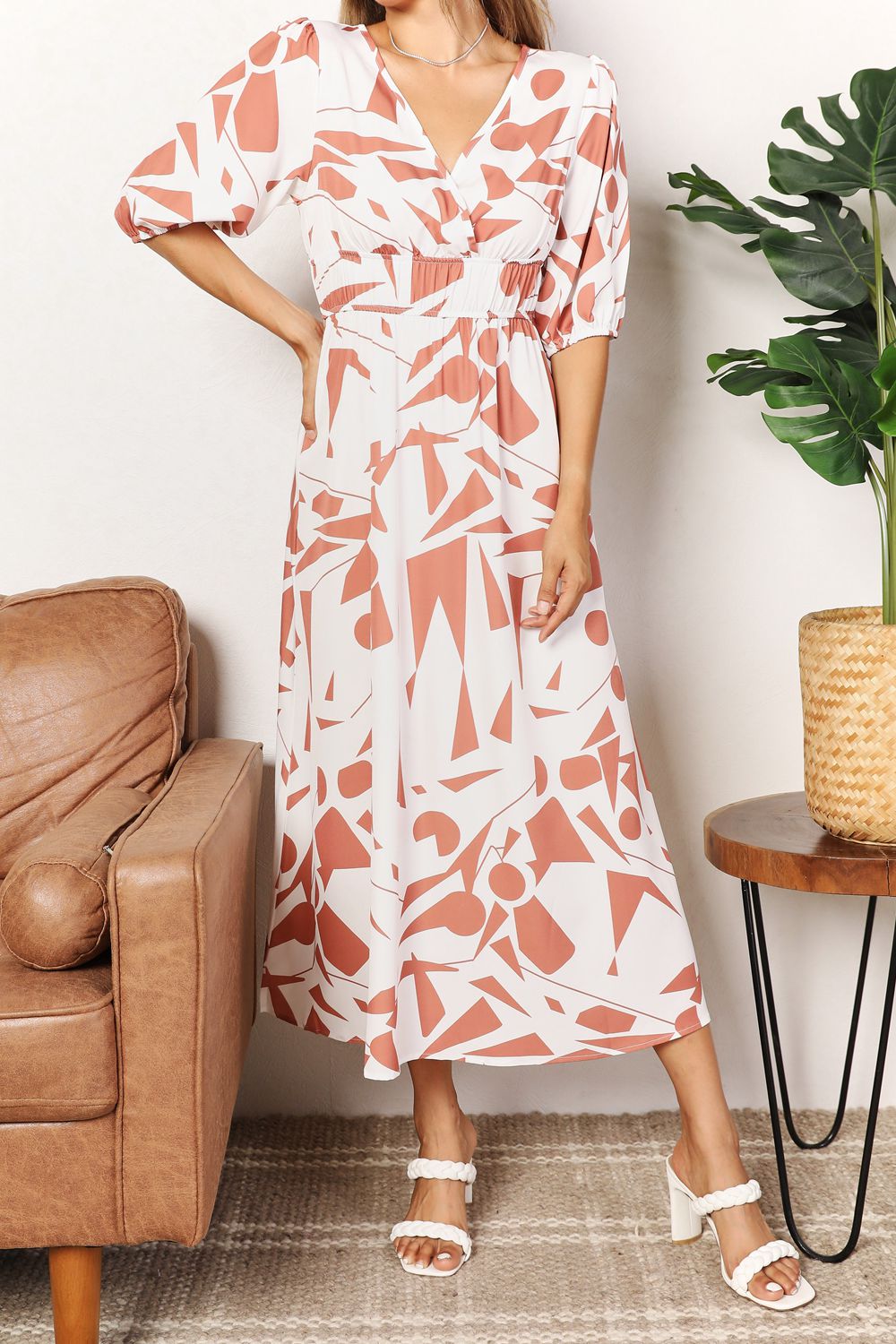 Printed Surplice Balloon Sleeve Dress in CAMEL (Size S)