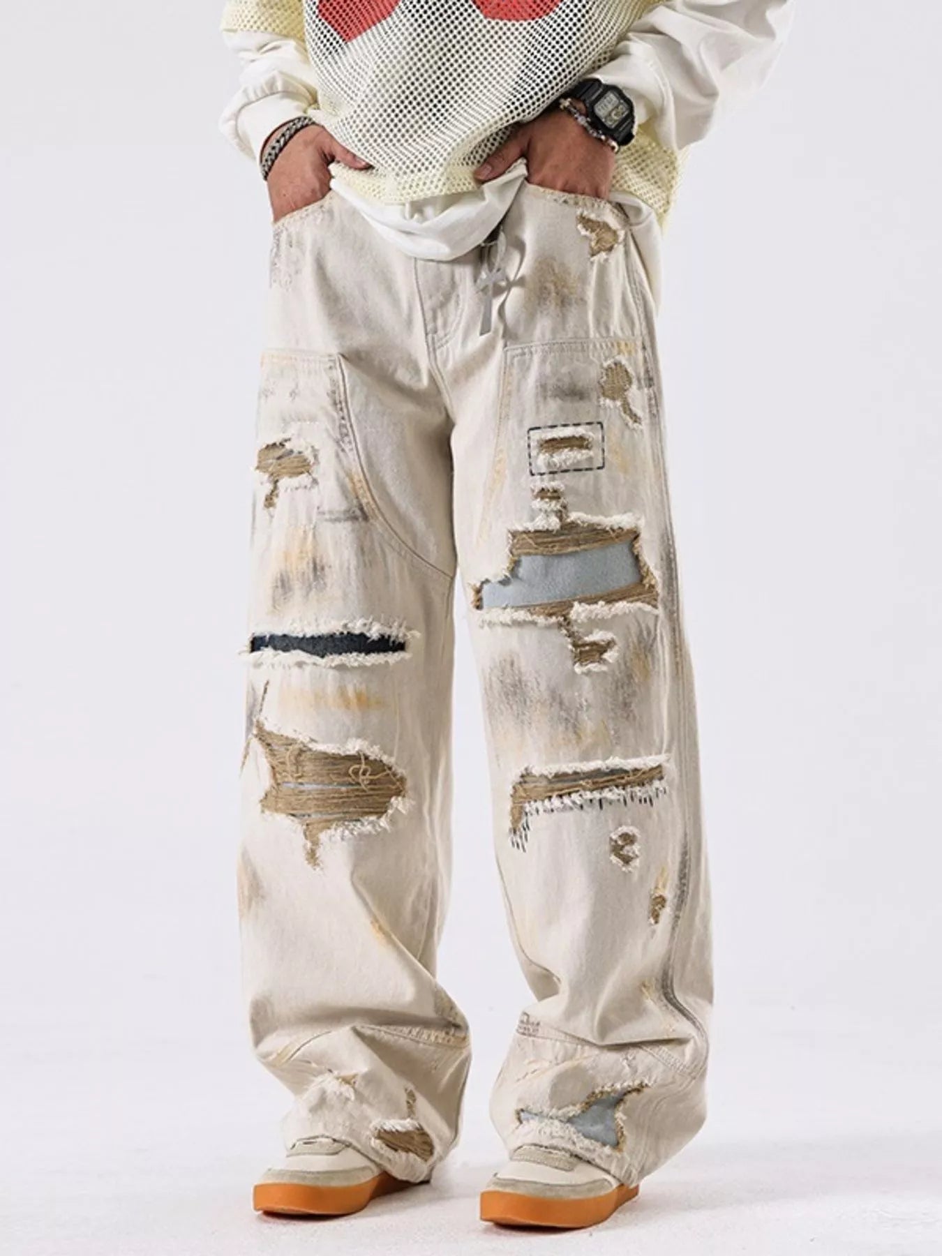 Men's Distressed Wide Leg Jeans in OFF-WHITE (Size 29)