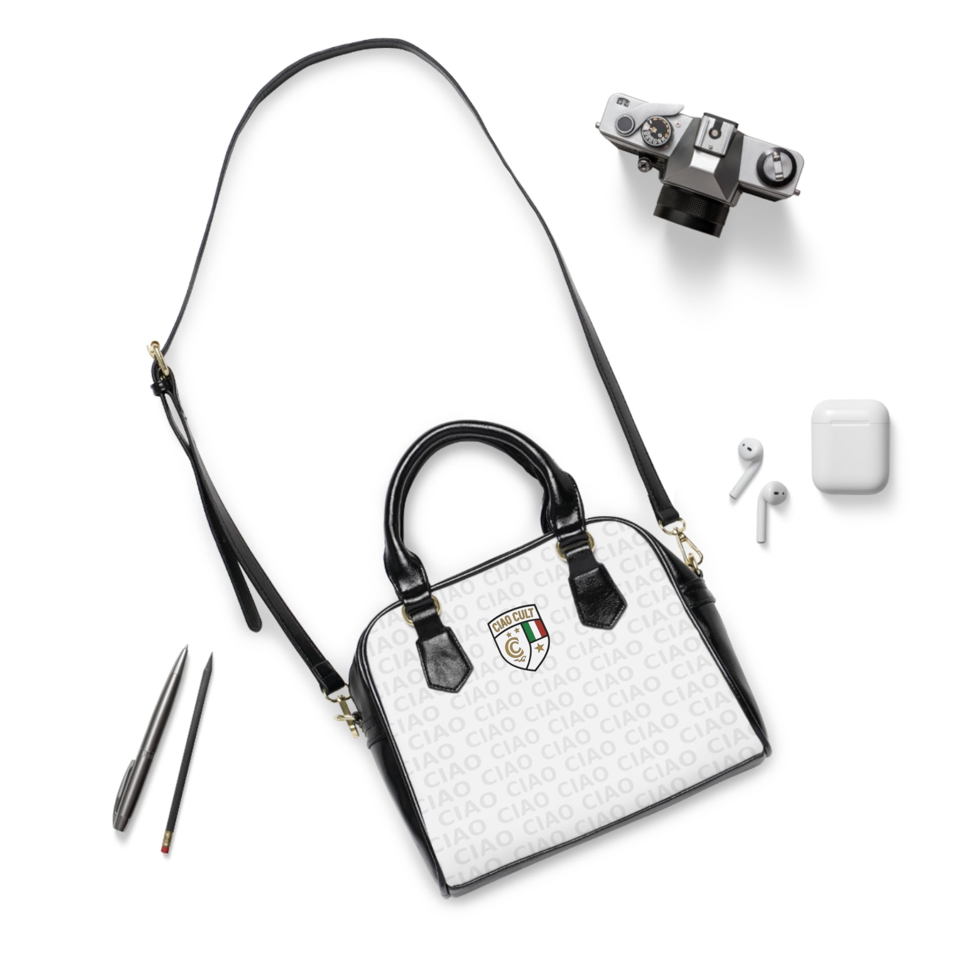 Compact black and white shoulder bag with signature crest emblem and adjustable strap. - Ciao Cult - 9.45" x 8.27" / Black