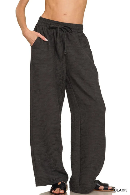 Zenana Woven Crepe Elastic Band Pants in BLACK (Size S)