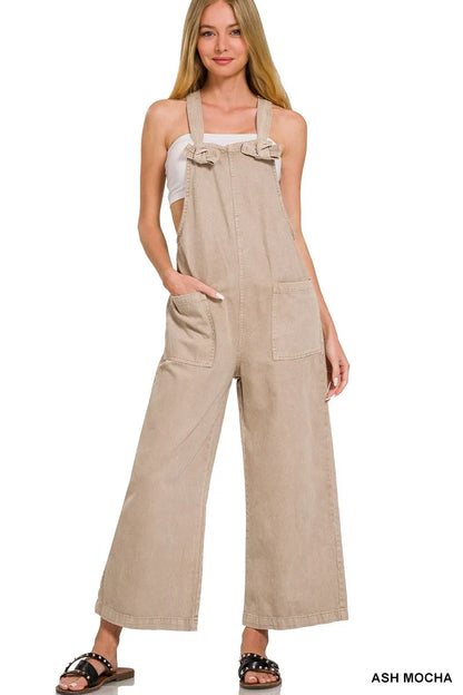 Zenana Washed Knot Strap Pockets Jumpsuit in ASH MOCHA (Size S)