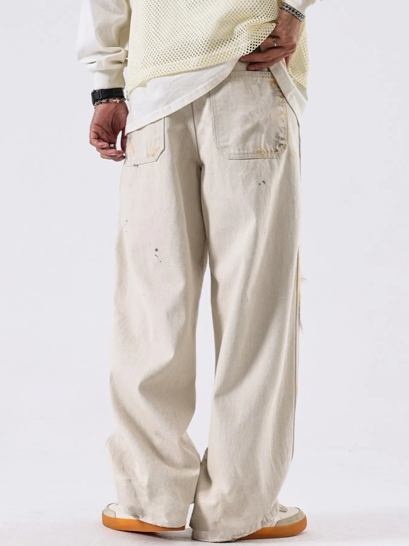 Men's Distressed Wide Leg Jeans in OFF-WHITE (Size 34)