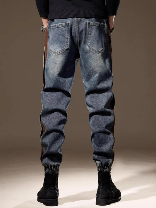 Men's Full Size Contrast Denim Joggers Plus Size in BLUE (Size M)
