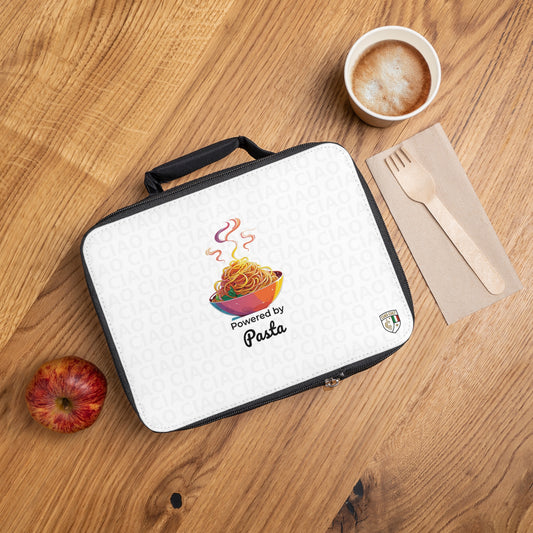 White insulated lunch bag with colorful pasta bowl graphic and "Powered by Pasta" text, black handle. - Ciao Cult - One size / Black