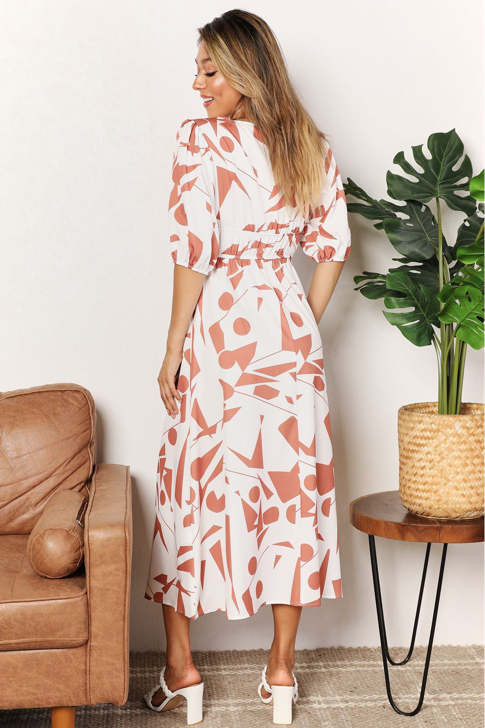Printed Surplice Balloon Sleeve Dress in CAMEL (Size L)