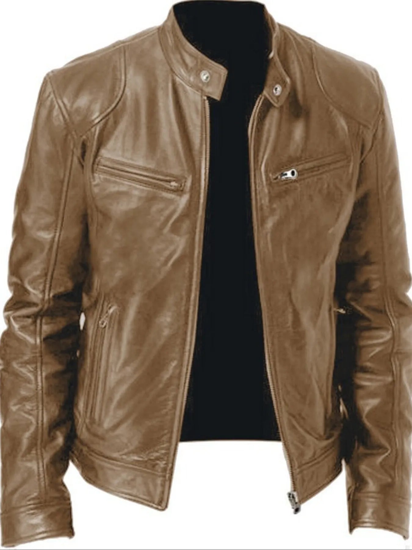 Men's Zip Up Leather Biker Jacket in KHAKI (Size L)