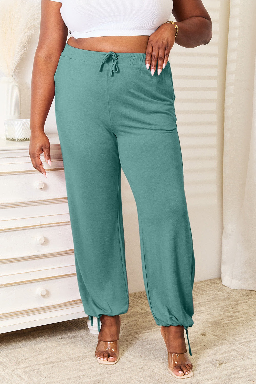 Basic Bae Full Size Soft Rayon Drawstring Waist Pants with Pockets in TURQUOISE (Size L)