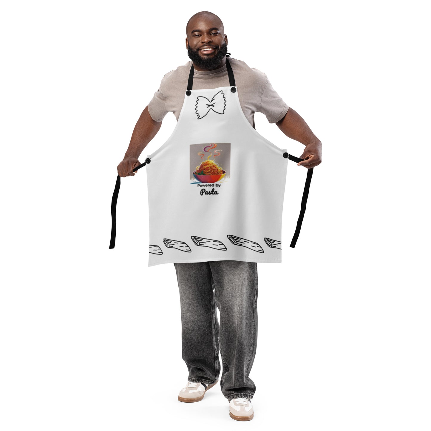 White apron with pasta bowl graphic and "Powered by Pasta" text worn by man with beard and casual outfit. - Ciao Cult - Default Title